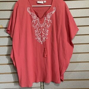 D & Co Denim And Company Coral White Embroidery Neck Tassels Ribbed Short Sleeve